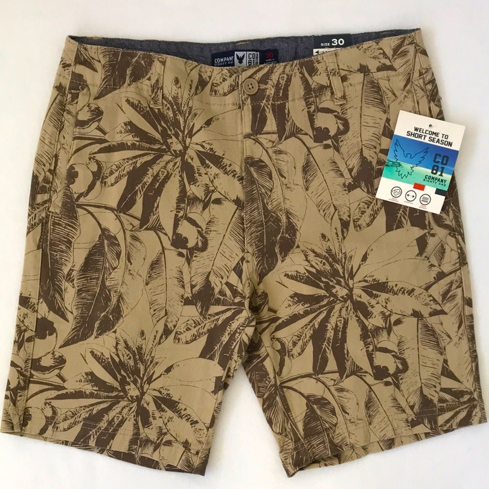 Company Eighty One Tan Flat Front Tropical Shorts for Summer Sz 30 Soft Stretch